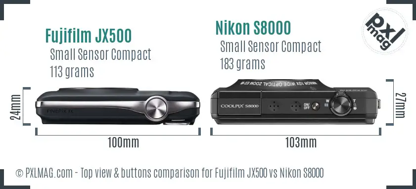 Fujifilm JX500 vs Nikon S8000 top view buttons comparison