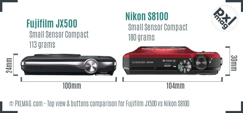 Fujifilm JX500 vs Nikon S8100 top view buttons comparison Fujifilm JX500 vs Nikon S8100 top view buttons comparison