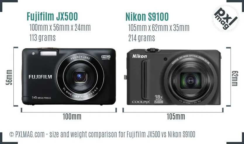 Fujifilm JX500 vs Nikon S9100 size comparison Fujifilm JX500 vs Nikon S9100 size comparison