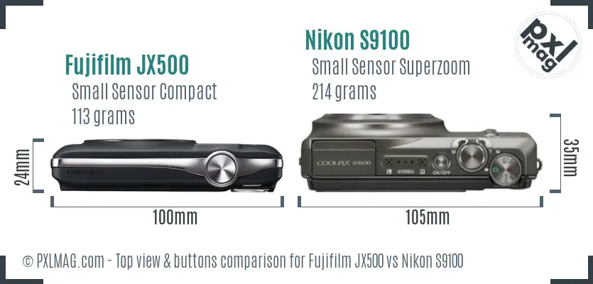 Fujifilm JX500 vs Nikon S9100 top view buttons comparison Fujifilm JX500 vs Nikon S9100 top view buttons comparison