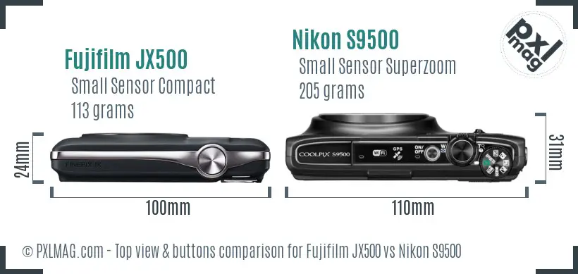 Fujifilm JX500 vs Nikon S9500 top view buttons comparison