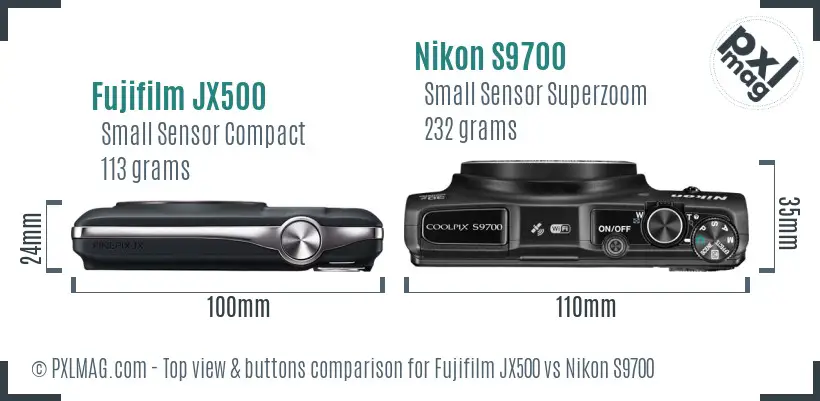 Fujifilm JX500 vs Nikon S9700 top view buttons comparison Fujifilm JX500 vs Nikon S9700 top view buttons comparison