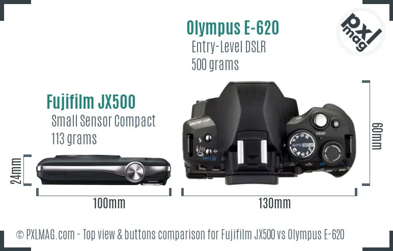 Fujifilm JX500 vs Olympus E-620 top view buttons comparison