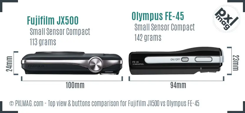 Fujifilm JX500 vs Olympus FE-45 top view buttons comparison