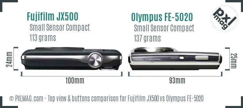 Fujifilm JX500 vs Olympus FE-5020 top view buttons comparison
