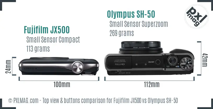 Fujifilm JX500 vs Olympus SH-50 top view buttons comparison