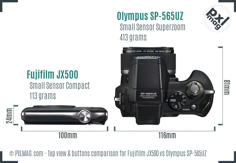 Fujifilm JX500 vs Olympus SP-565UZ top view buttons comparison Fujifilm JX500 vs Olympus SP-565UZ top view buttons comparison