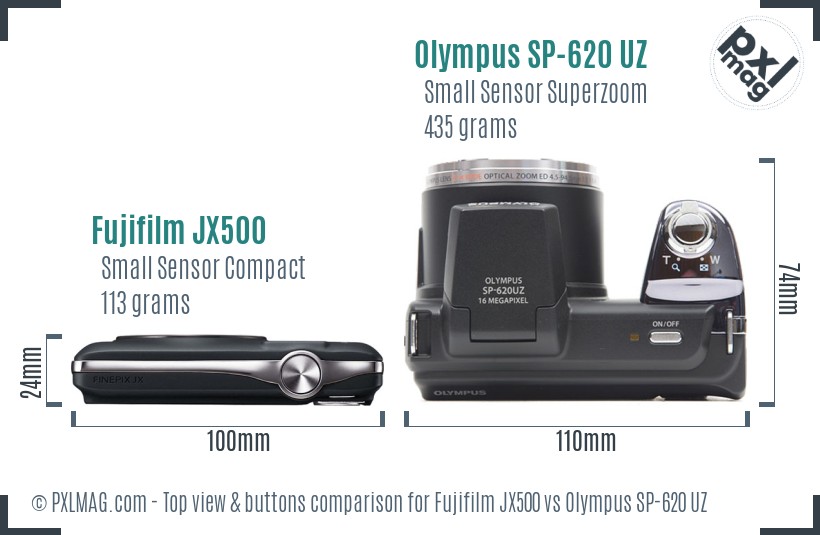 Fujifilm JX500 vs Olympus SP-620 UZ top view buttons comparison