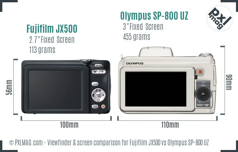 Fujifilm JX500 vs Olympus SP-800 UZ Screen and Viewfinder comparison