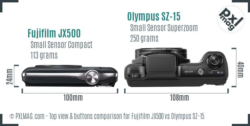 Fujifilm JX500 vs Olympus SZ-15 top view buttons comparison Fujifilm JX500 vs Olympus SZ-15 top view buttons comparison