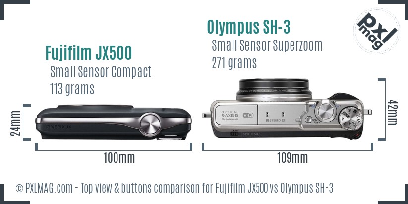Fujifilm JX500 vs Olympus SH-3 top view buttons comparison