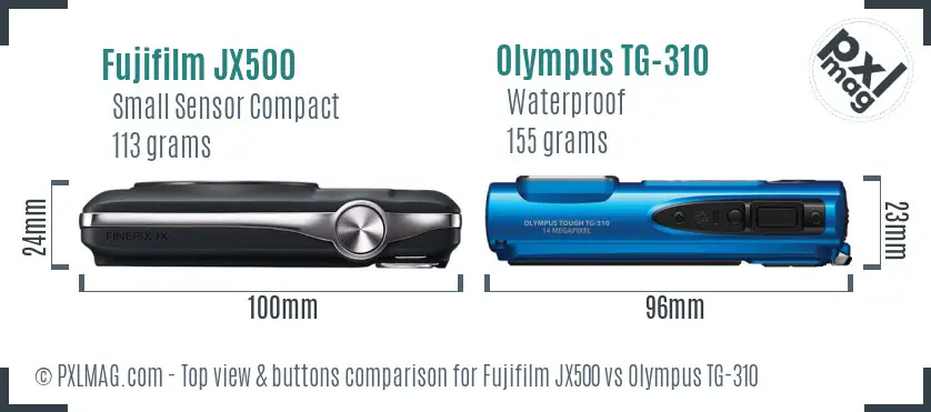 Fujifilm JX500 vs Olympus TG-310 top view buttons comparison Fujifilm JX500 vs Olympus TG-310 top view buttons comparison