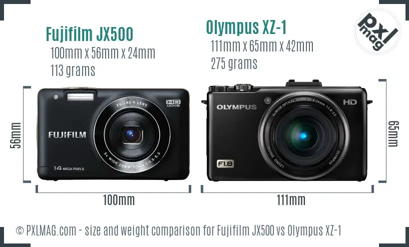 Side-by-side size comparison between Fujifilm JX500 and Olympus XZ-1