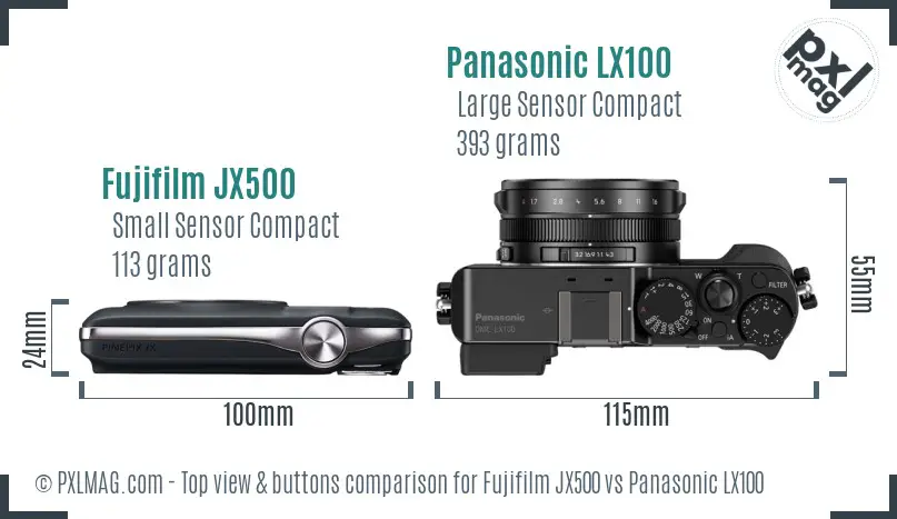 Fujifilm JX500 vs Panasonic LX100 top view buttons comparison