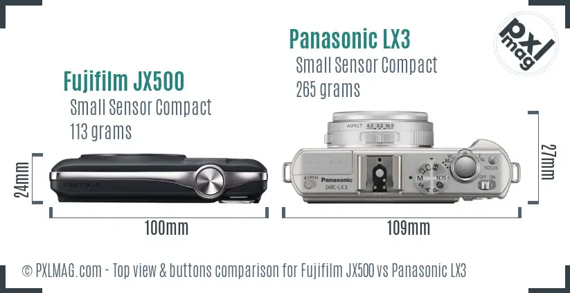 Fujifilm JX500 vs Panasonic LX3 top view buttons comparison