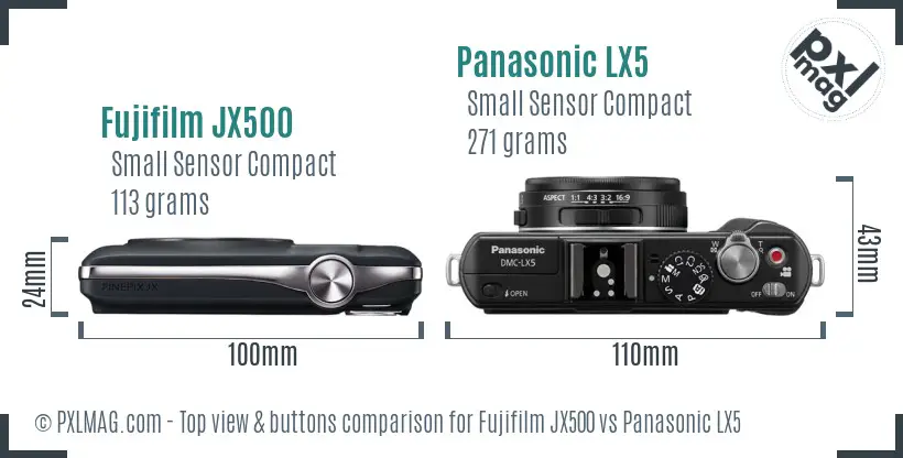 Fujifilm JX500 vs Panasonic LX5 top view buttons comparison