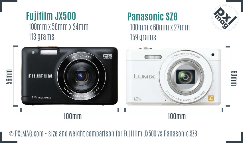 Fujifilm JX500 vs Panasonic SZ8 size comparison