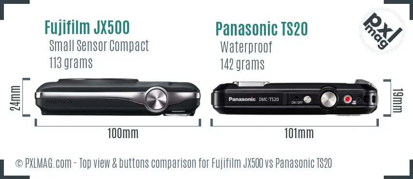 Fujifilm JX500 vs Panasonic TS20 top view buttons comparison