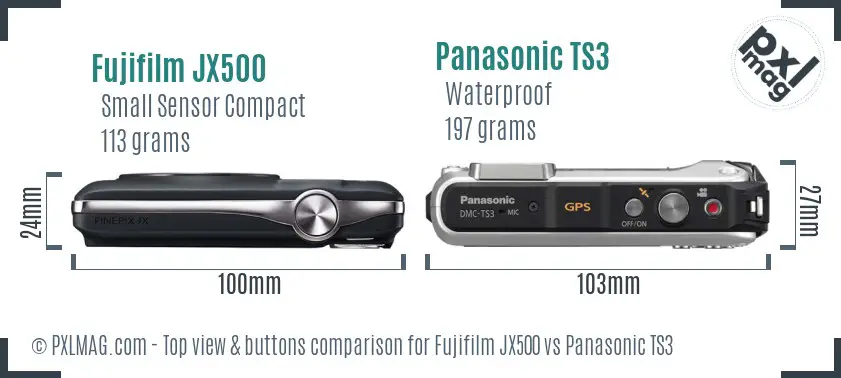 Fujifilm JX500 vs Panasonic TS3 top view buttons comparison