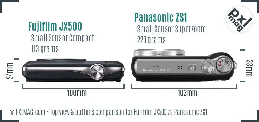 Fujifilm JX500 vs Panasonic ZS1 top view buttons comparison