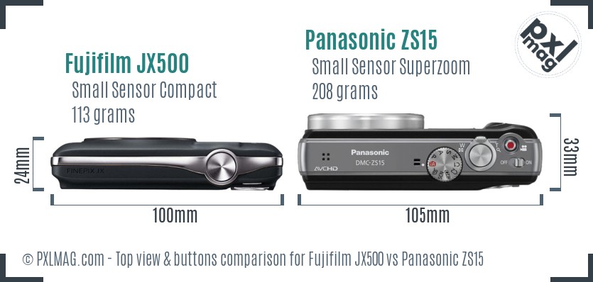 Fujifilm JX500 vs Panasonic ZS15 top view buttons comparison