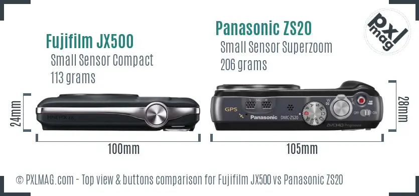 Fujifilm JX500 vs Panasonic ZS20 top view buttons comparison