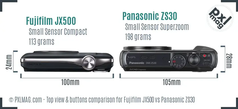 Fujifilm JX500 vs Panasonic ZS30 top view buttons comparison