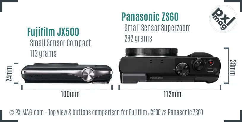 Fujifilm JX500 vs Panasonic ZS60 top view buttons comparison Fujifilm JX500 vs Panasonic ZS60 top view buttons comparison