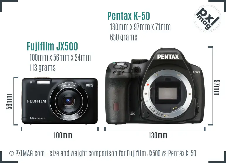 Fujifilm JX500 vs Pentax K-50 size comparison