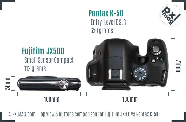 Fujifilm JX500 vs Pentax K-50 top view buttons comparison