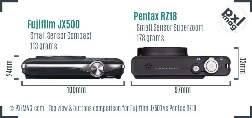 Fujifilm JX500 vs Pentax RZ18 top view buttons comparison Fujifilm JX500 vs Pentax RZ18 top view buttons comparison