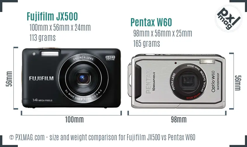 Fujifilm JX500 vs Pentax W60 size comparison
