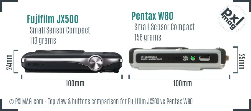 Fujifilm JX500 vs Pentax W80 top view buttons comparison