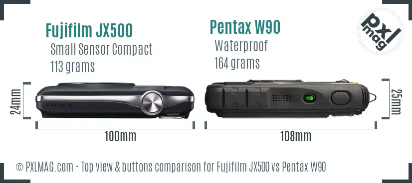 Fujifilm JX500 vs Pentax W90 top view buttons comparison