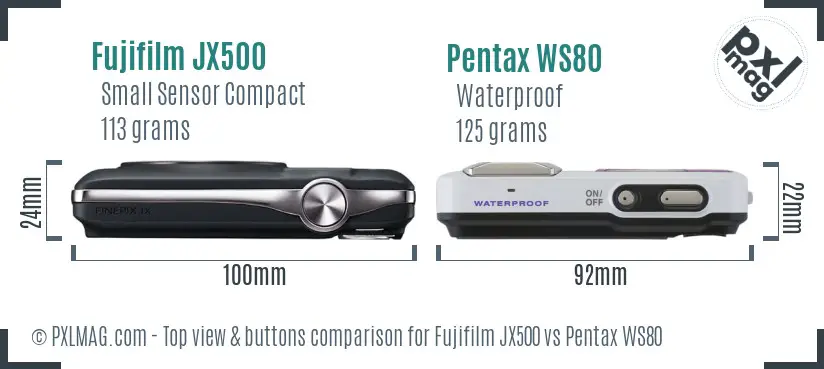 Fujifilm JX500 vs Pentax WS80 top view buttons comparison Fujifilm JX500 vs Pentax WS80 top view buttons comparison
