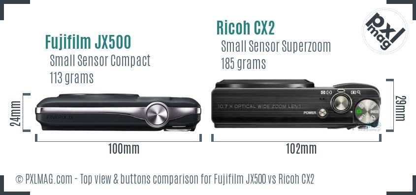 Fujifilm JX500 vs Ricoh CX2 top view buttons comparison