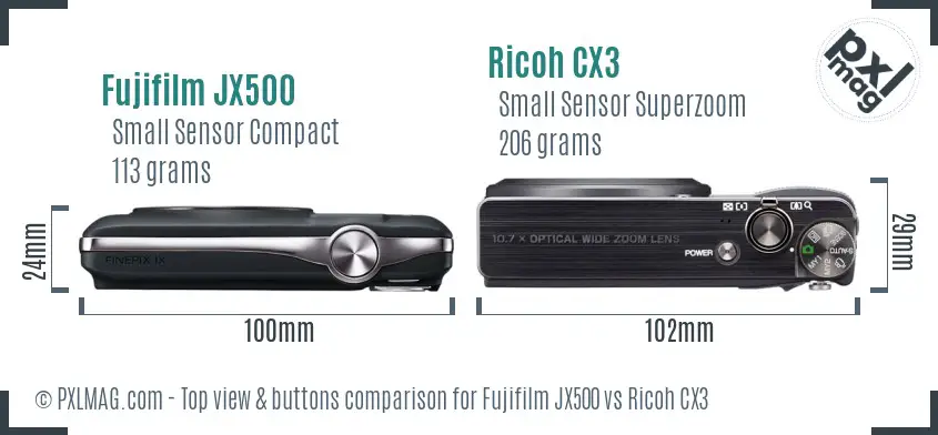 Fujifilm JX500 vs Ricoh CX3 top view buttons comparison Fujifilm JX500 vs Ricoh CX3 top view buttons comparison