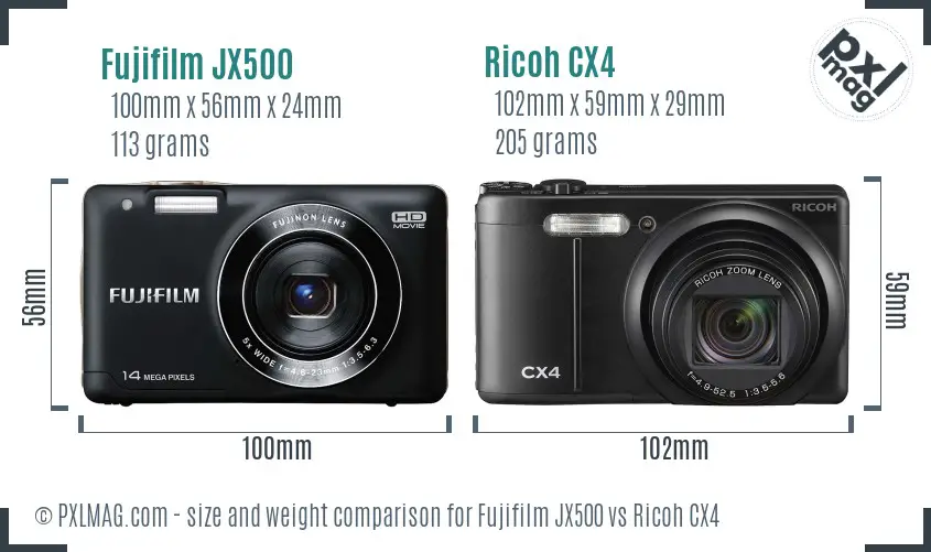 Fujifilm JX500 vs Ricoh CX4 size comparison