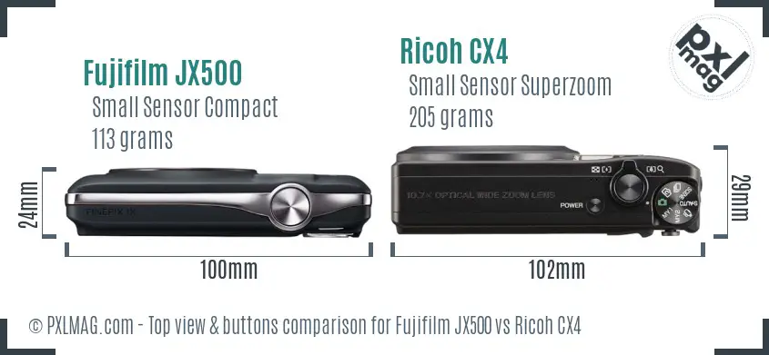 Fujifilm JX500 vs Ricoh CX4 top view buttons comparison