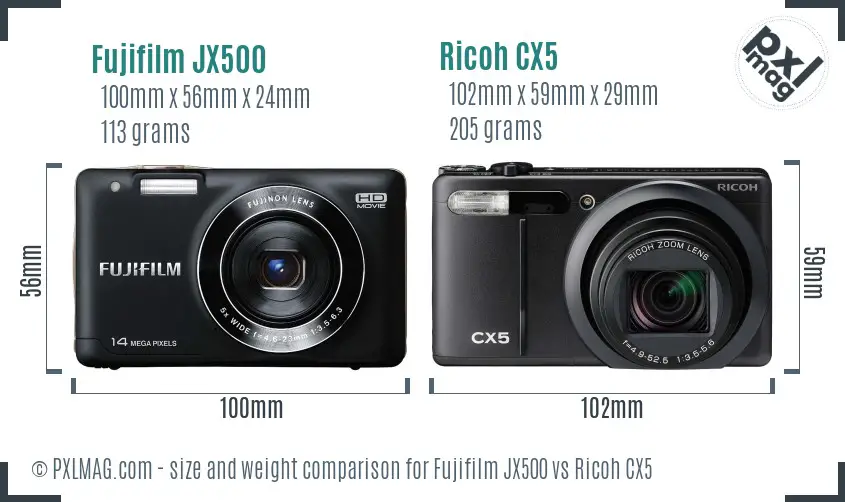 Fujifilm JX500 vs Ricoh CX5 size comparison