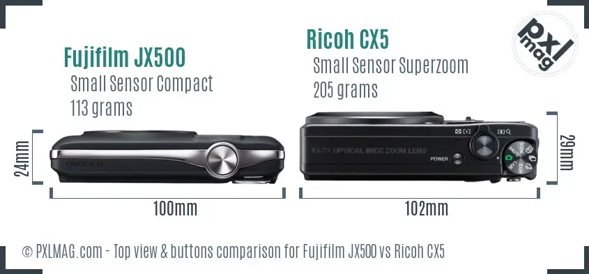 Fujifilm JX500 vs Ricoh CX5 top view buttons comparison