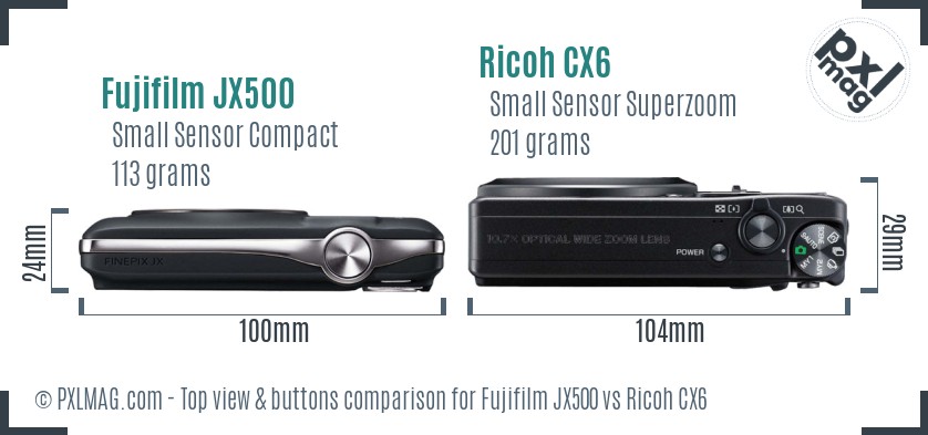 Fujifilm JX500 vs Ricoh CX6 top view buttons comparison