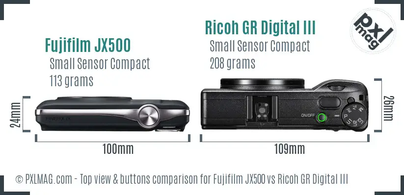 Fujifilm JX500 vs Ricoh GR Digital III top view buttons comparison