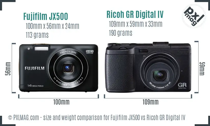 Fujifilm JX500 vs Ricoh GR Digital IV size comparison