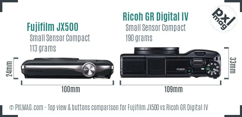 Fujifilm JX500 vs Ricoh GR Digital IV top view buttons comparison