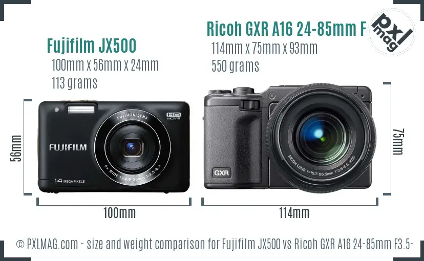 Fujifilm JX500 vs Ricoh GXR A16 24-85mm F3.5-5.5 size comparison