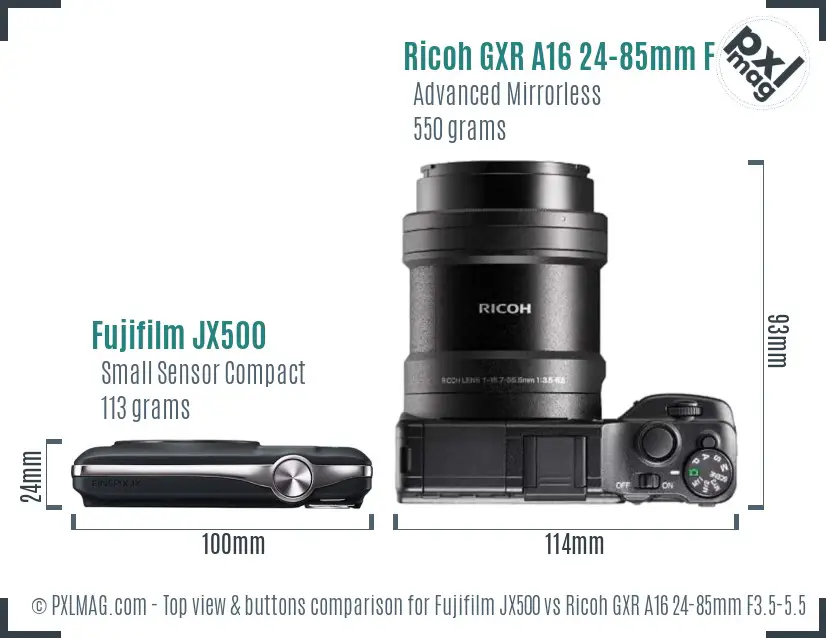 Fujifilm JX500 vs Ricoh GXR A16 24-85mm F3.5-5.5 top view buttons comparison