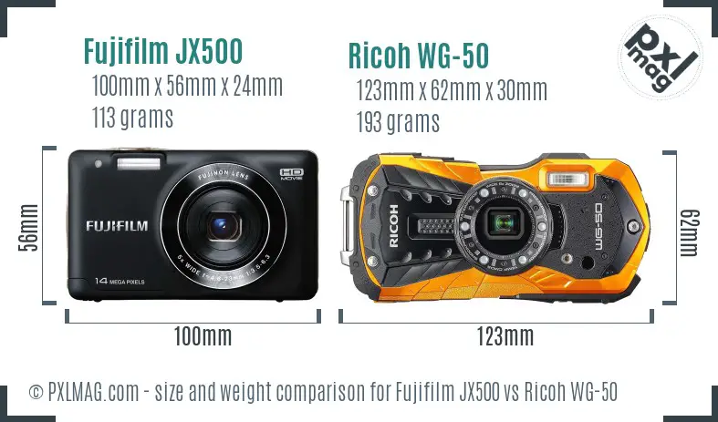 Fujifilm JX500 vs Ricoh WG-50 size comparison Fujifilm JX500 vs Ricoh WG-50 size comparison