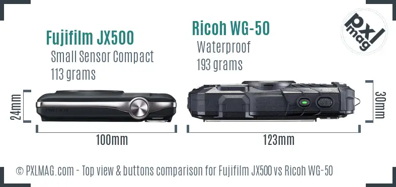 Fujifilm JX500 vs Ricoh WG-50 top view buttons comparison Fujifilm JX500 vs Ricoh WG-50 top view buttons comparison