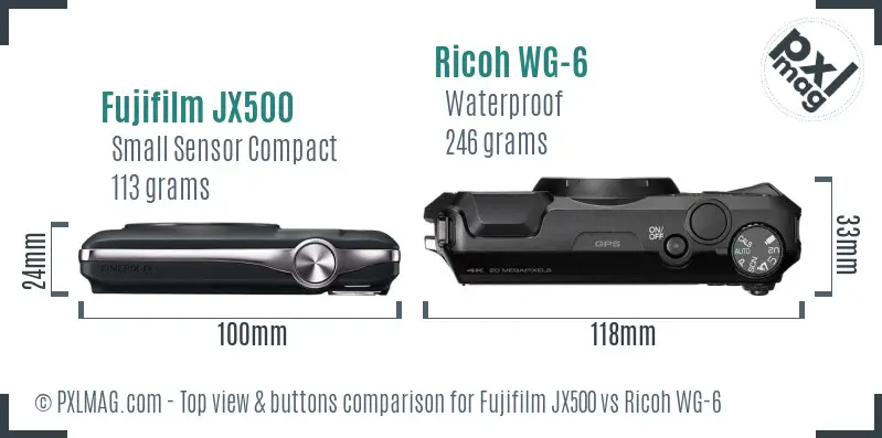 Fujifilm JX500 vs Ricoh WG-6 top view buttons comparison Fujifilm JX500 vs Ricoh WG-6 top view buttons comparison